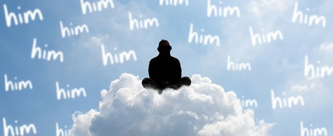 Him meditating on a cloud while the sky writes his name