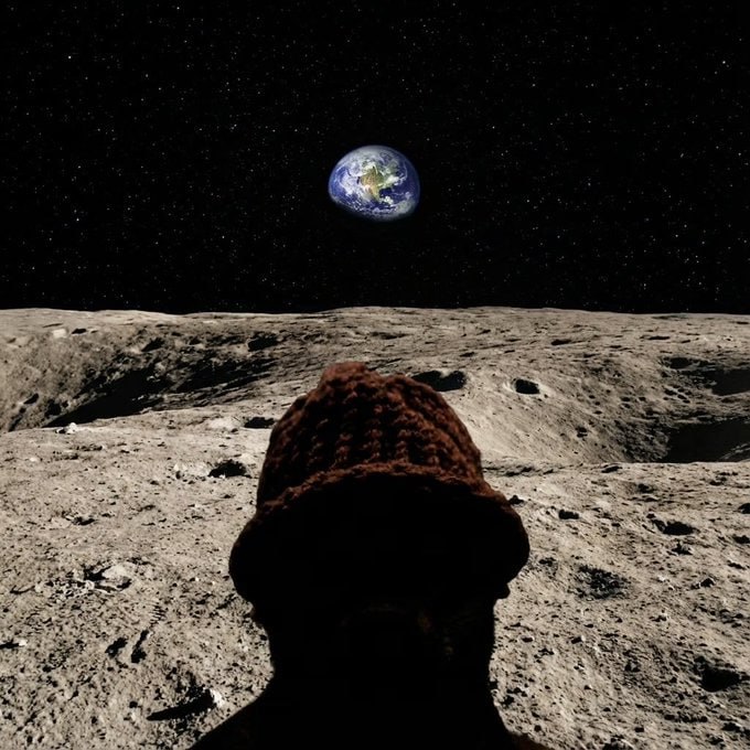 Him on the lunar surface with Earth rising behind